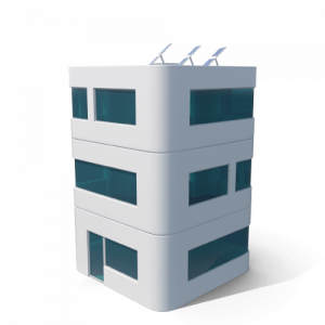 Modernes Hochhaus mit Solaranlage und Sensoren