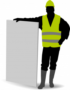 Dachdecker mit einer Tafel